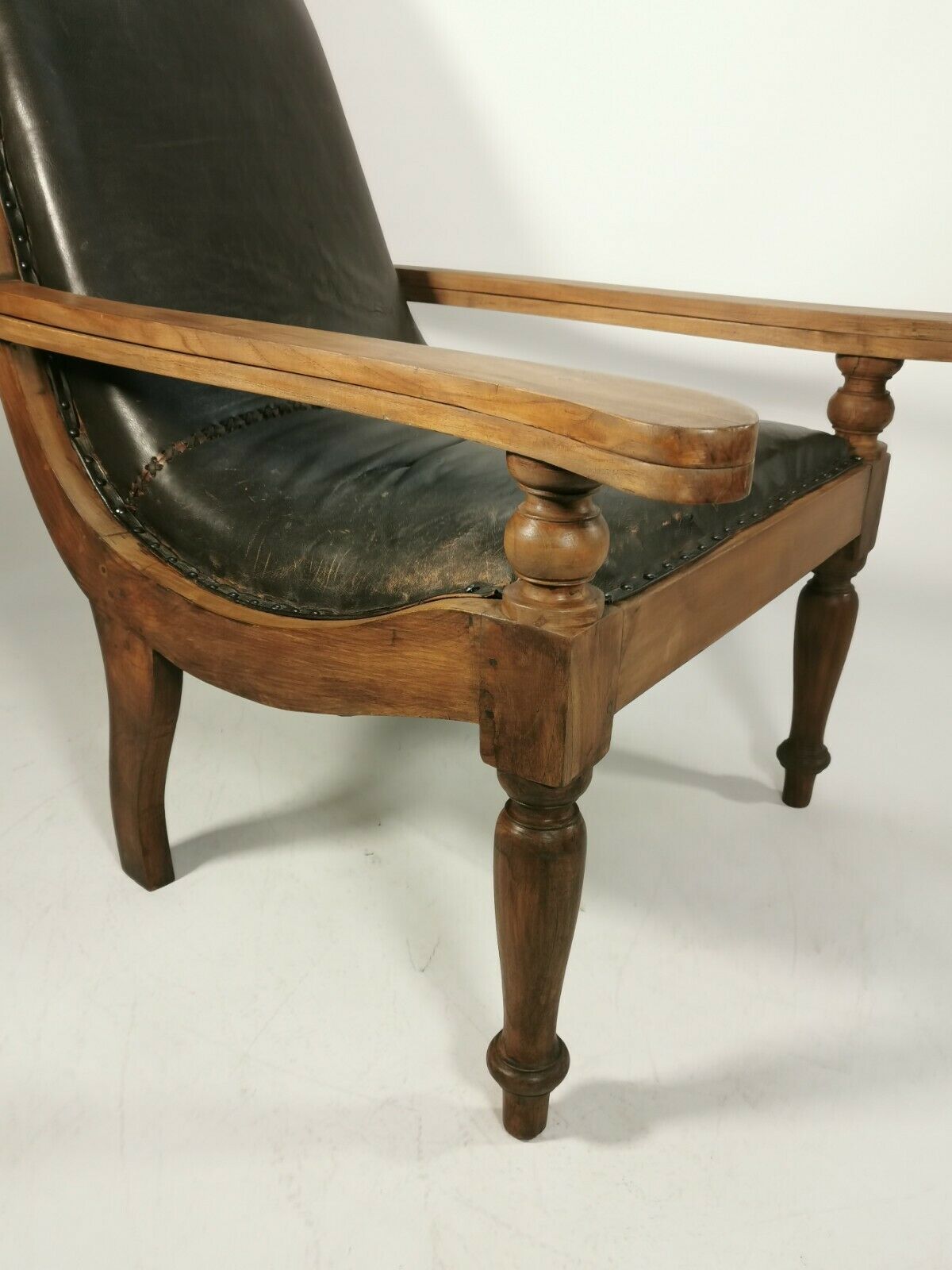 Antique 19th Century Restored British Colonial Plantation Chair Leather Seat