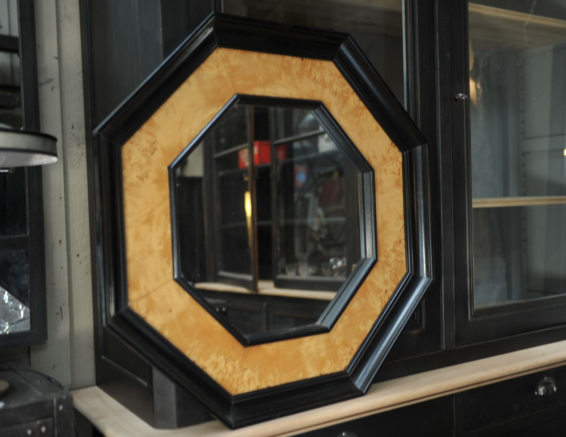Octagonal vintage wooden mirror of the 1970s - 72cm