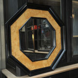 Octagonal vintage wooden mirror of the 1970s - 72cm