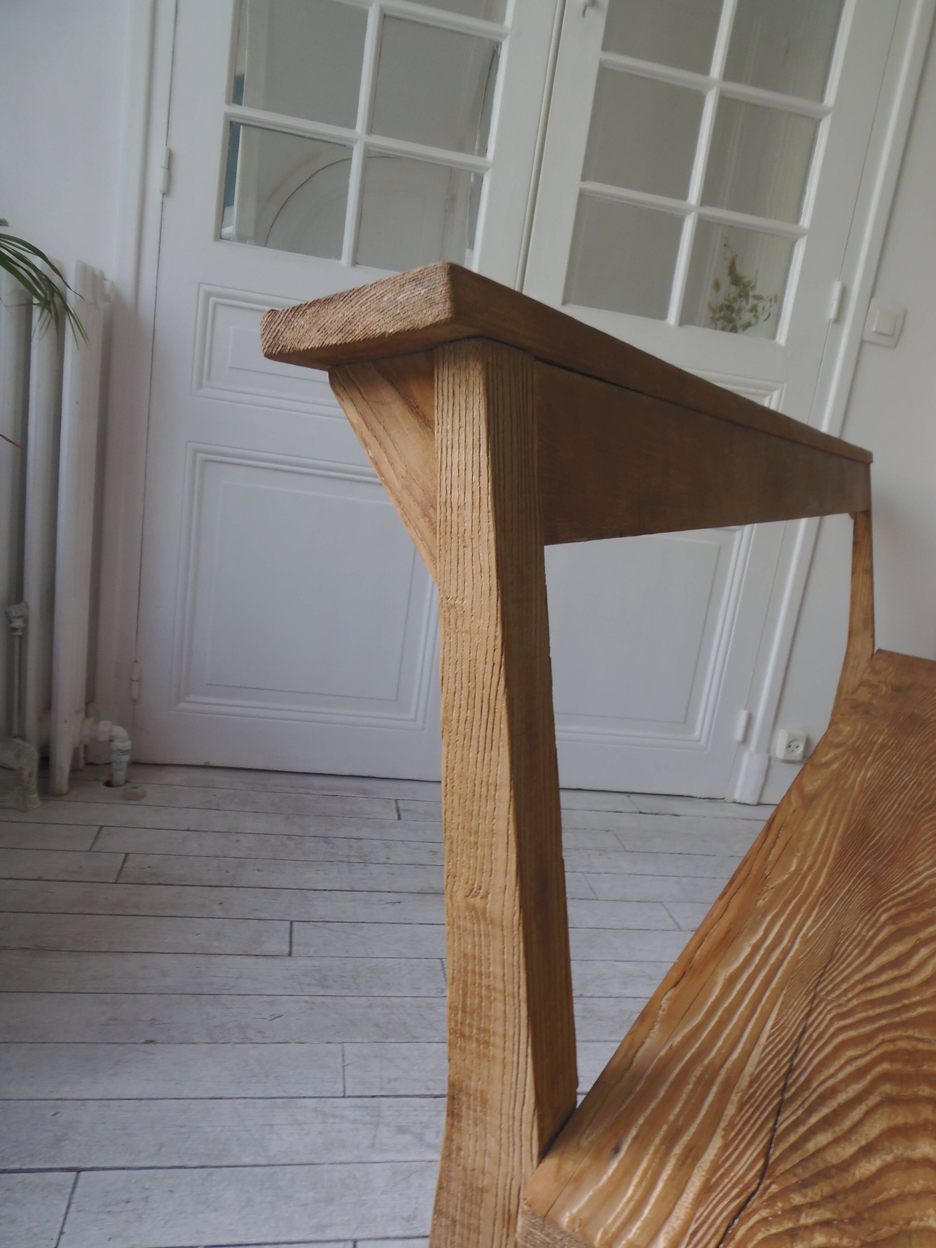 Church bench, bed end in pitch pine with light oak wax finish.