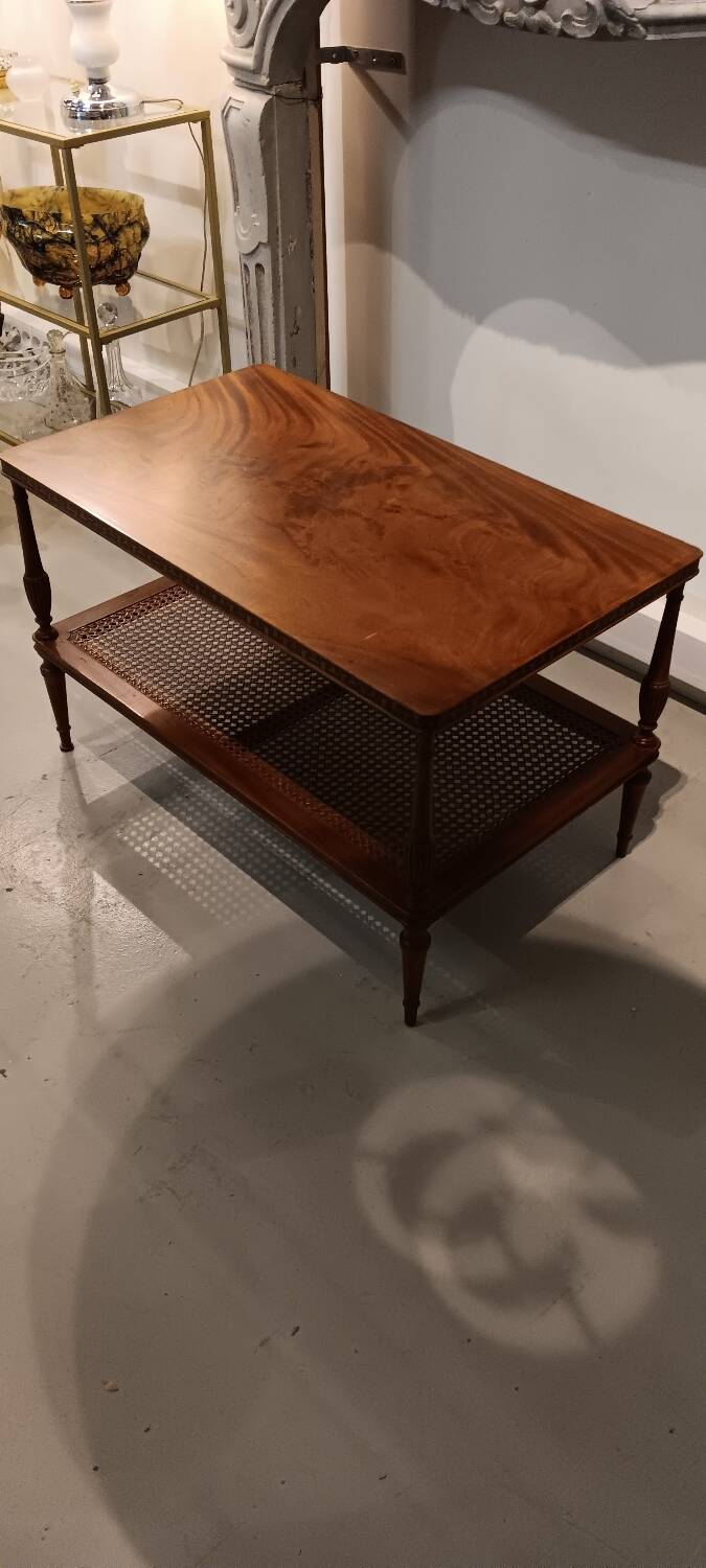 Coffee table / side table in mahogany with a rattan shelf.