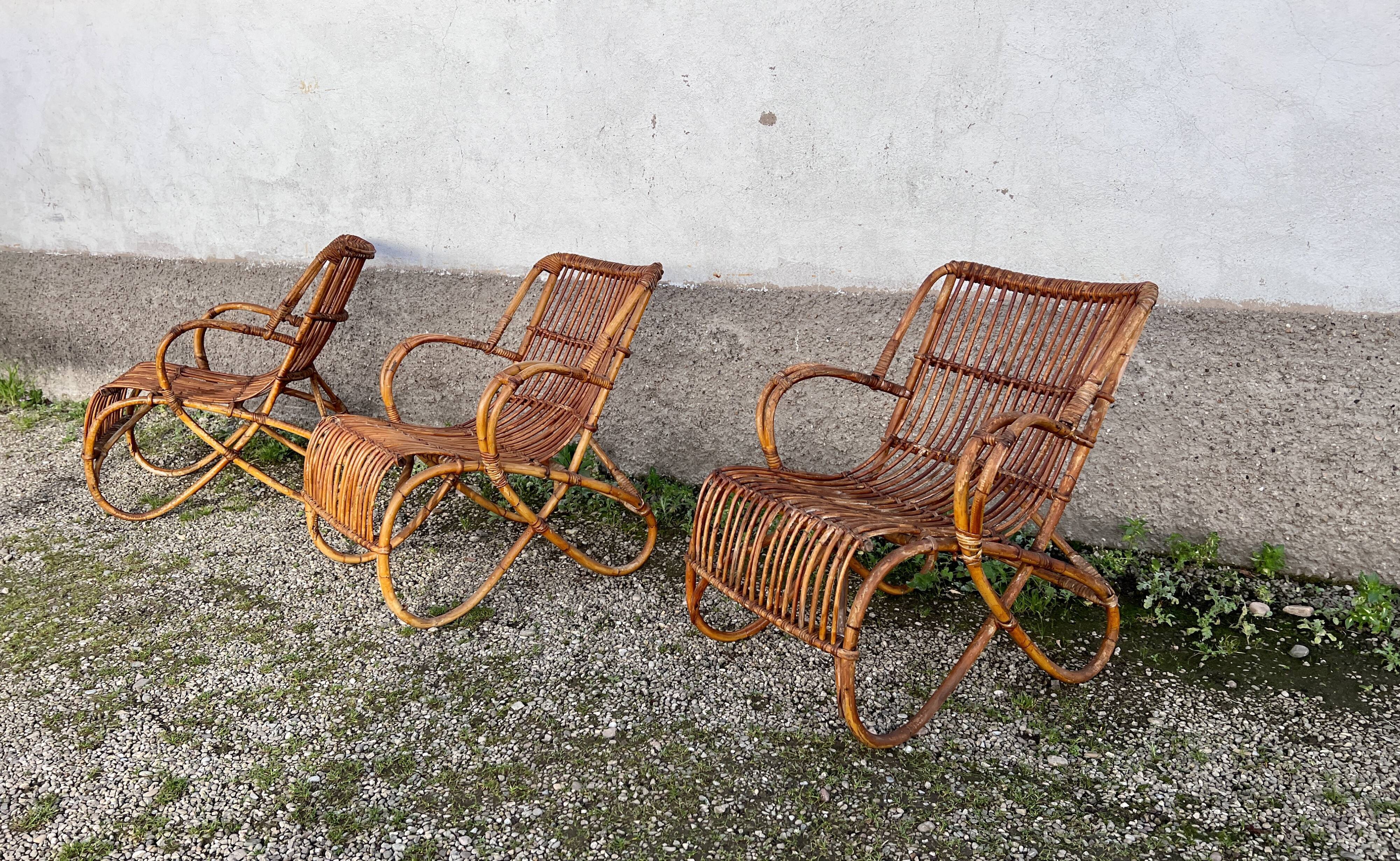 Trio de 3 fauteuils chaises rotin bambou vintage 1950