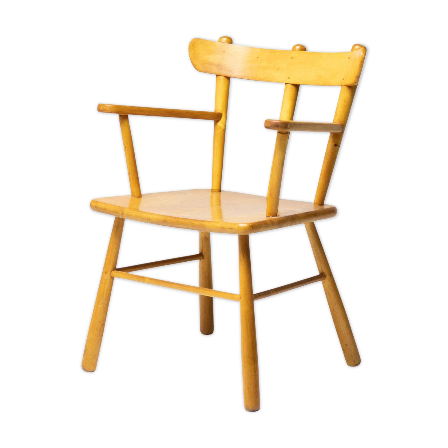 Danish organic armchair in solid birch, curved backrest, 1950s design.