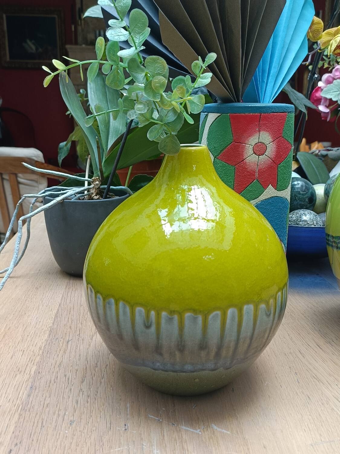 Green ceramic vase with stamp