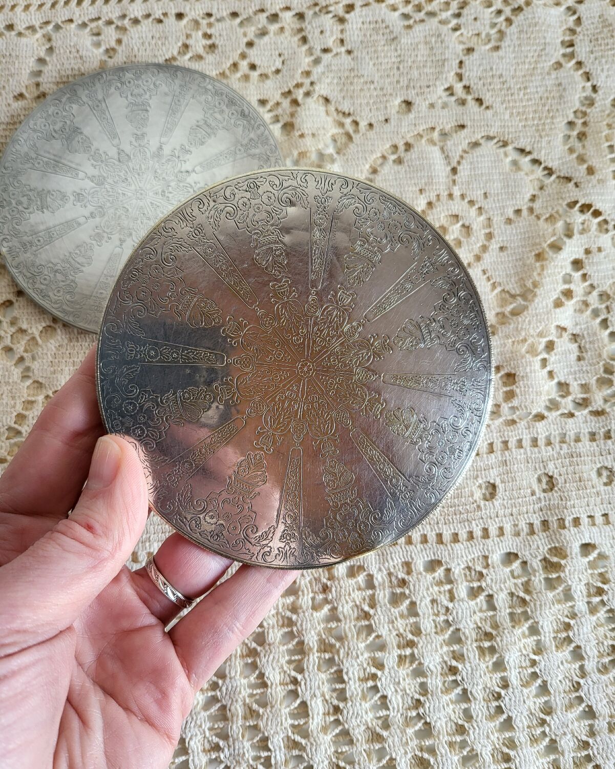 Set of 2 Silver-Plated Metal Coasters for Carafes or Bottles, Swedish