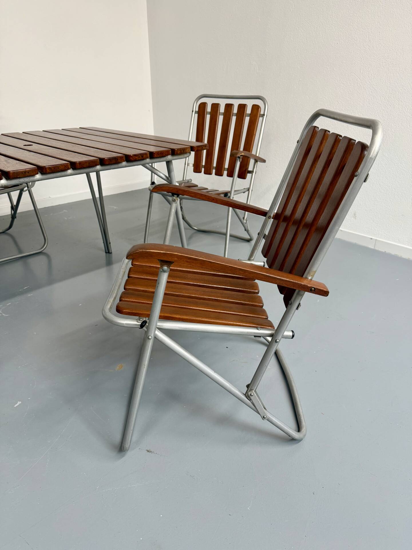 Vintage folding garden set table 4 chairs wood and metal 1960