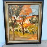 Village au soleil - huile sur toile - eliane thiollier