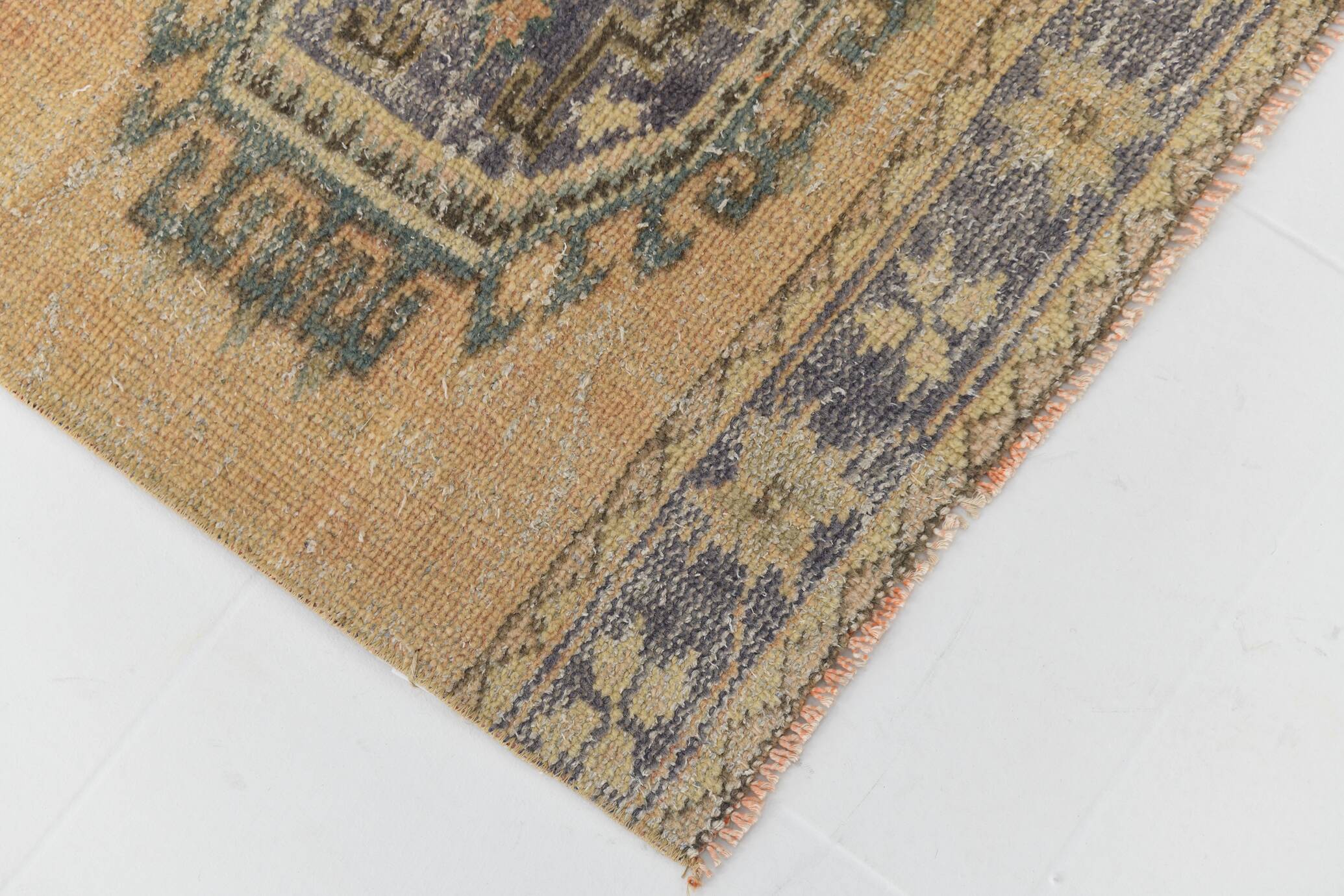 Faded Mustard Geometric Pattern Vintage Persian Runner Rug, 85x306 Cm