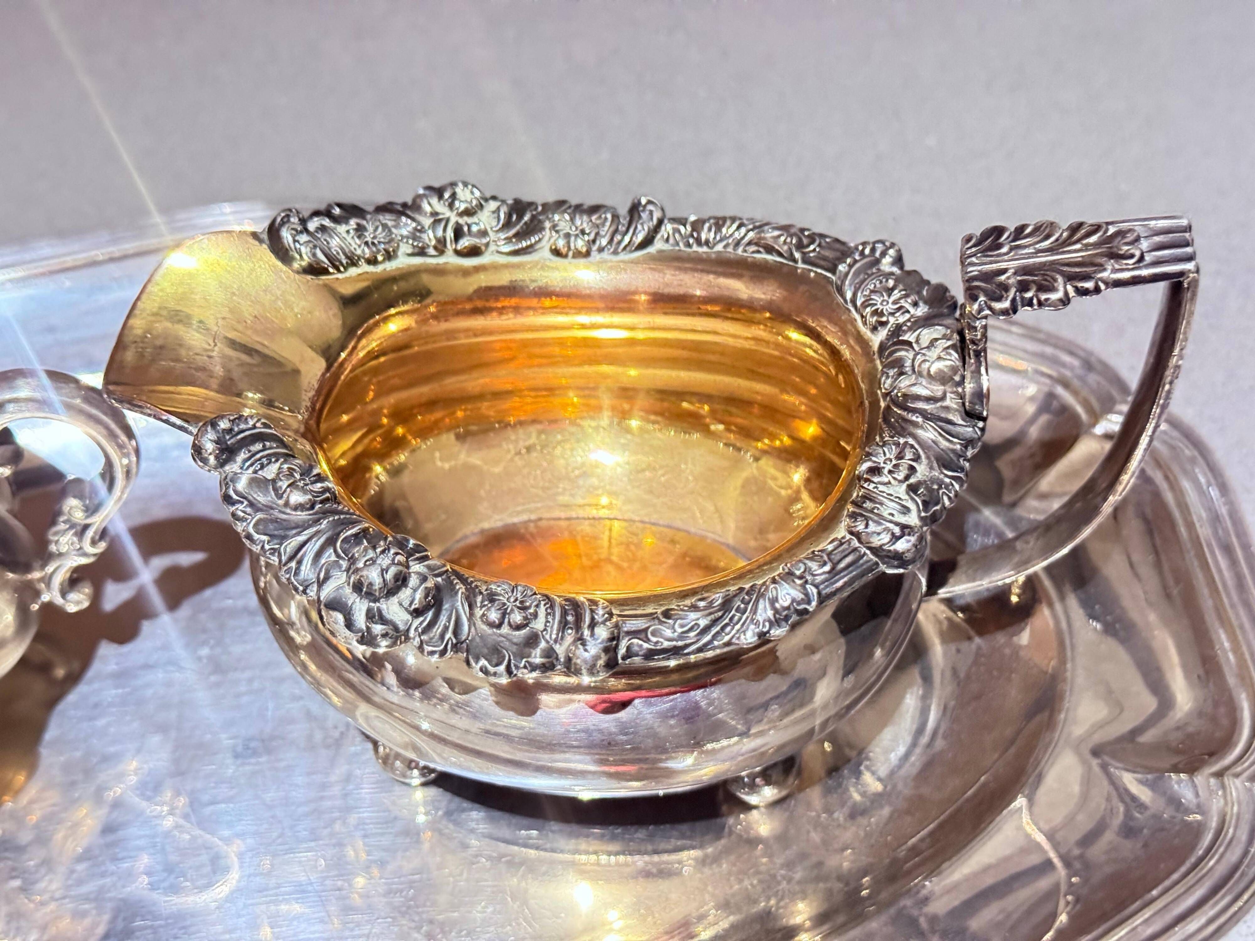 Antique Tea Set 4 Part English Silver Serving Tray, gild Home Decorative Objects