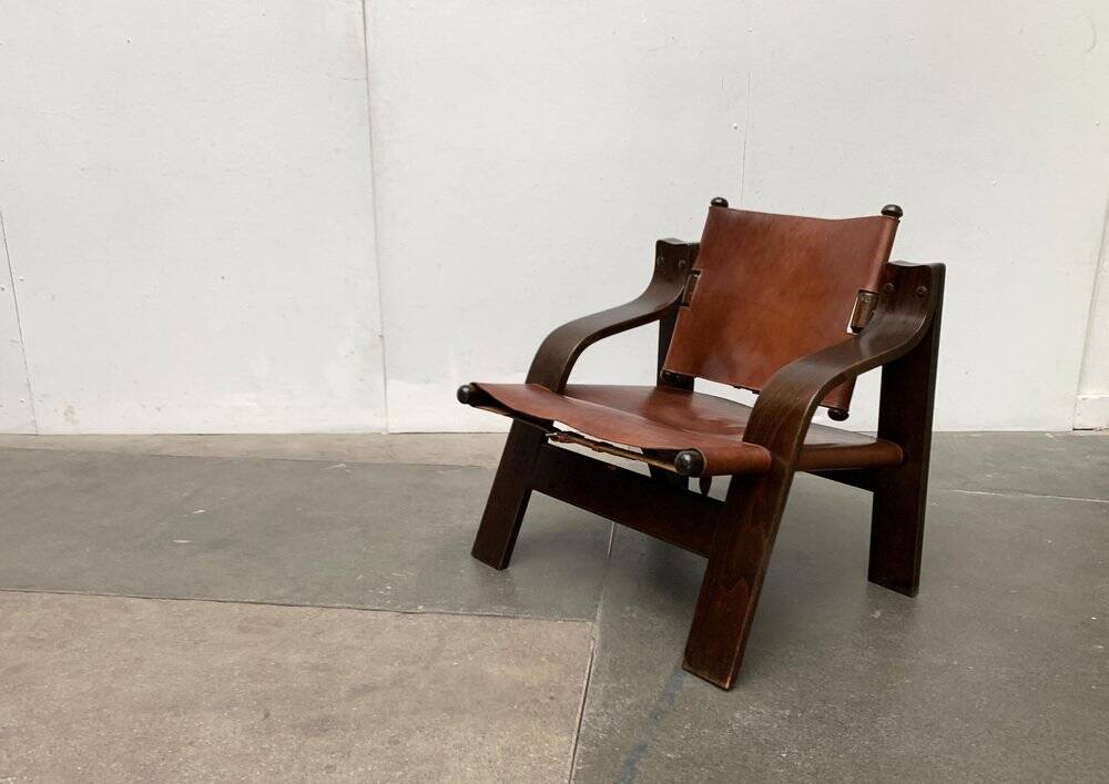 Brutalist Mid-Century Safari Armchair in Wood and Leather, 1960s