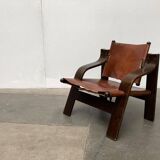 Brutalist Mid-Century Safari Armchair in Wood and Leather, 1960s