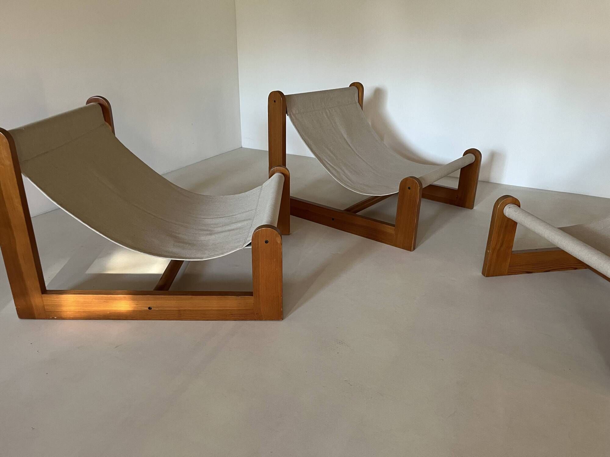 Sling chair in pine, canvas and sheepskin, 1970s