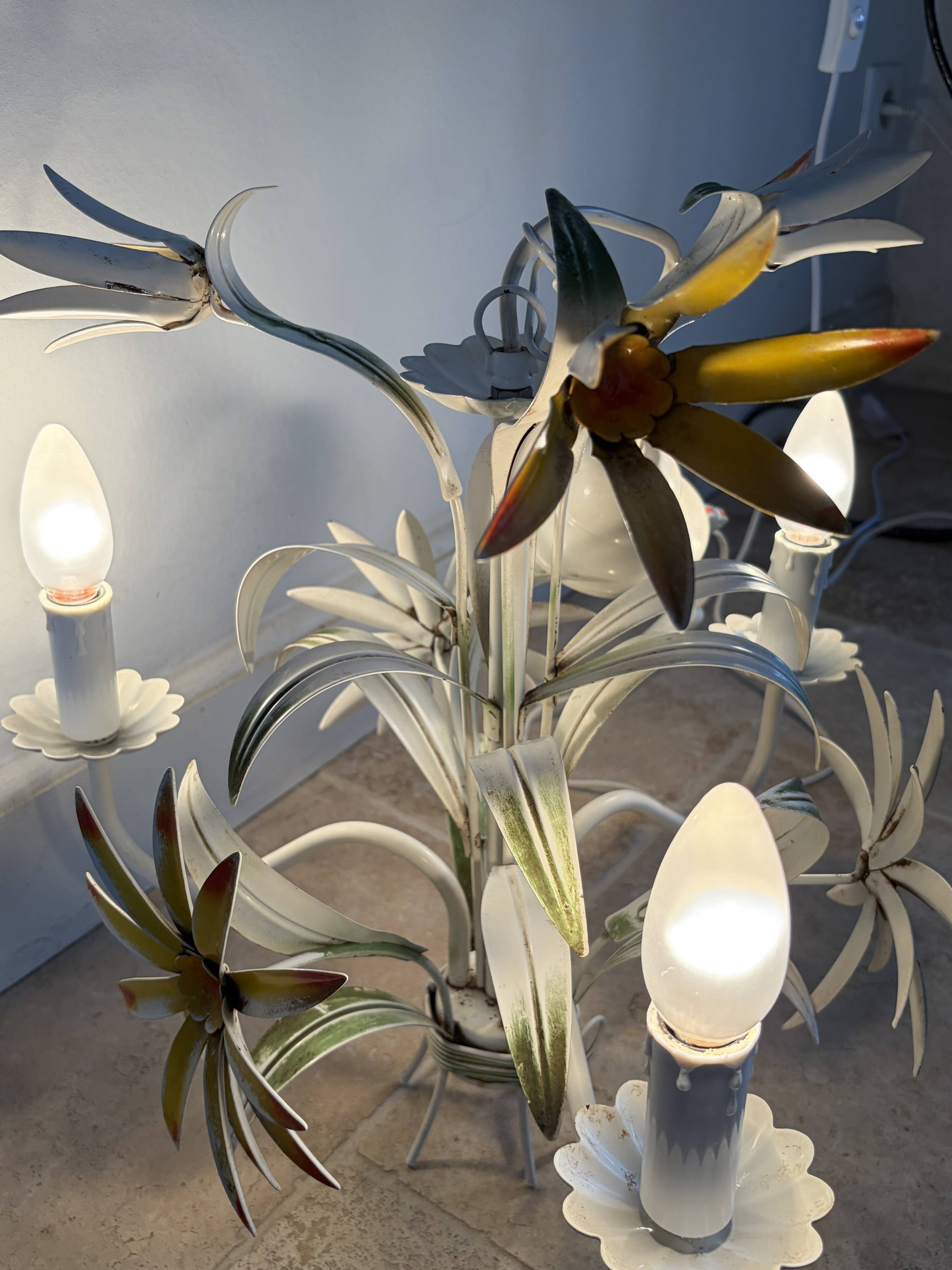 Vintage floral metal painted chandelier – 3 lights – 1970s