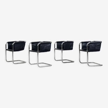Set of 4 vintage minimalist German bauhaus chrome-plated tubular steel & navy blue leather armchair
