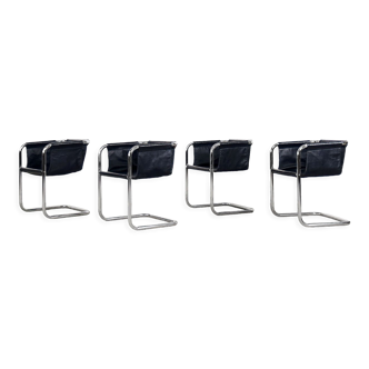 Set of 4 vintage minimalist German bauhaus chrome-plated tubular steel & navy blue leather armchair