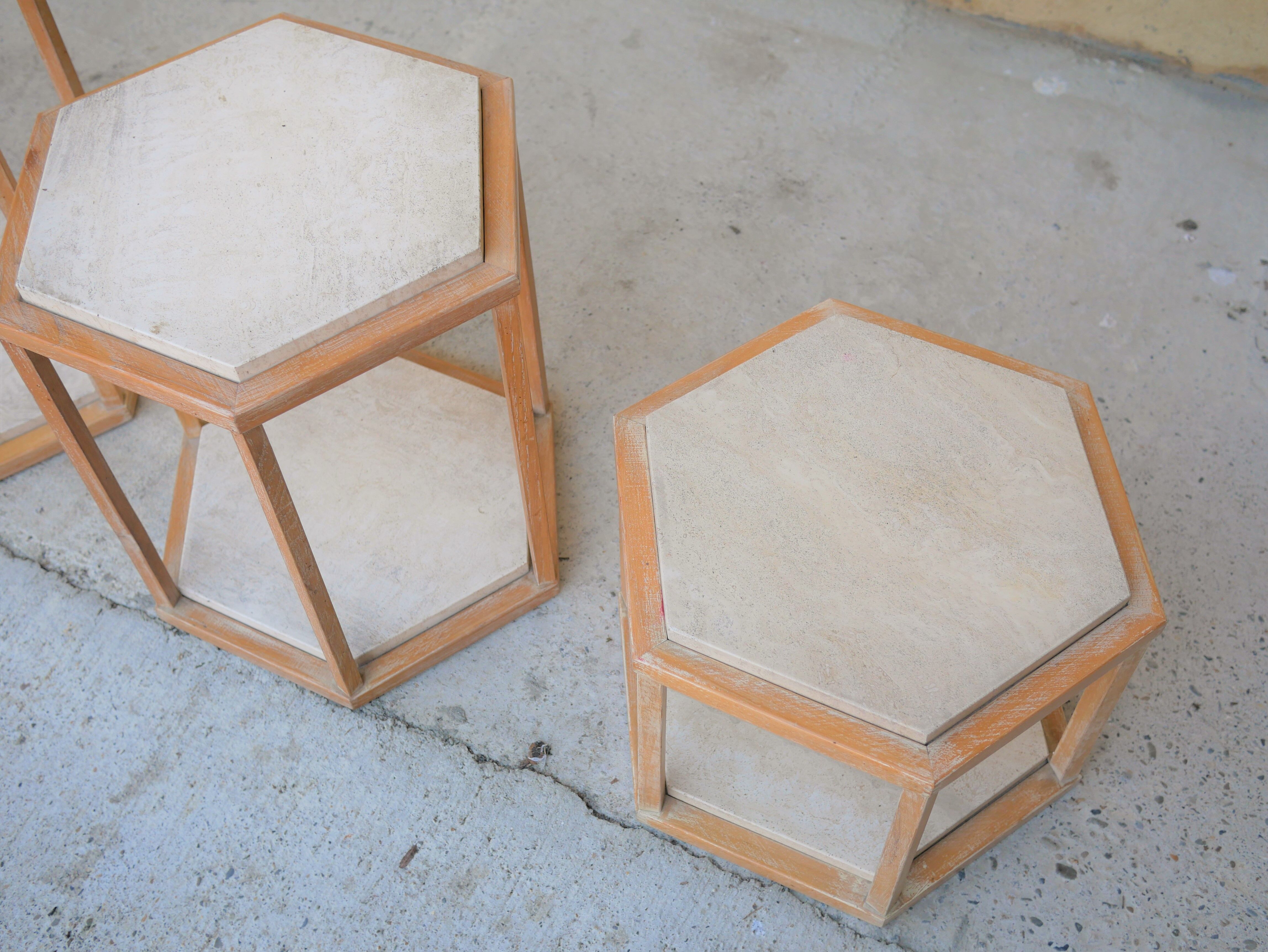 Series of 3 vintage coffee tables in travertine and wood by Roche Bobois editions