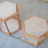 Série de 3 tables basses vintage en travertin et bois par les éditions Roche Bobois