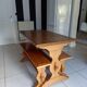 Solid oak table and its two benches made by a craftsman.