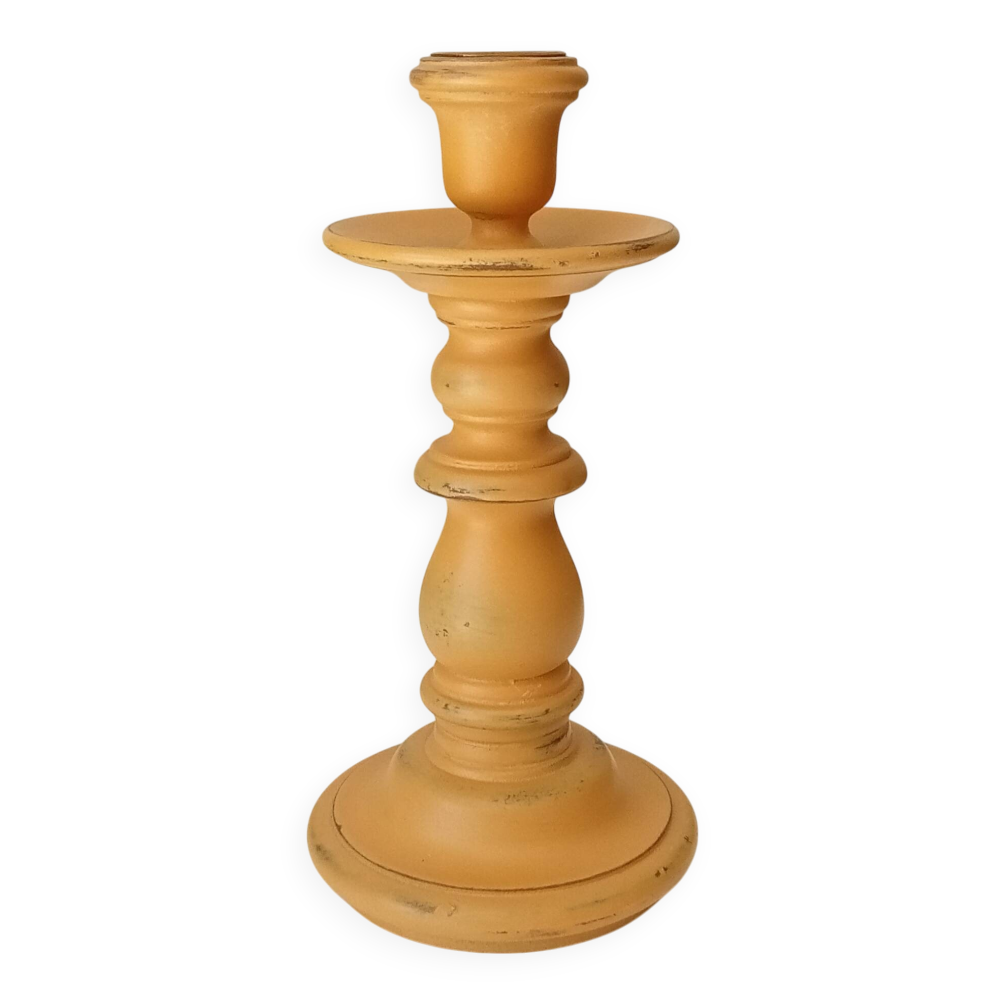 Vintage candle holder in weathered yellow wood