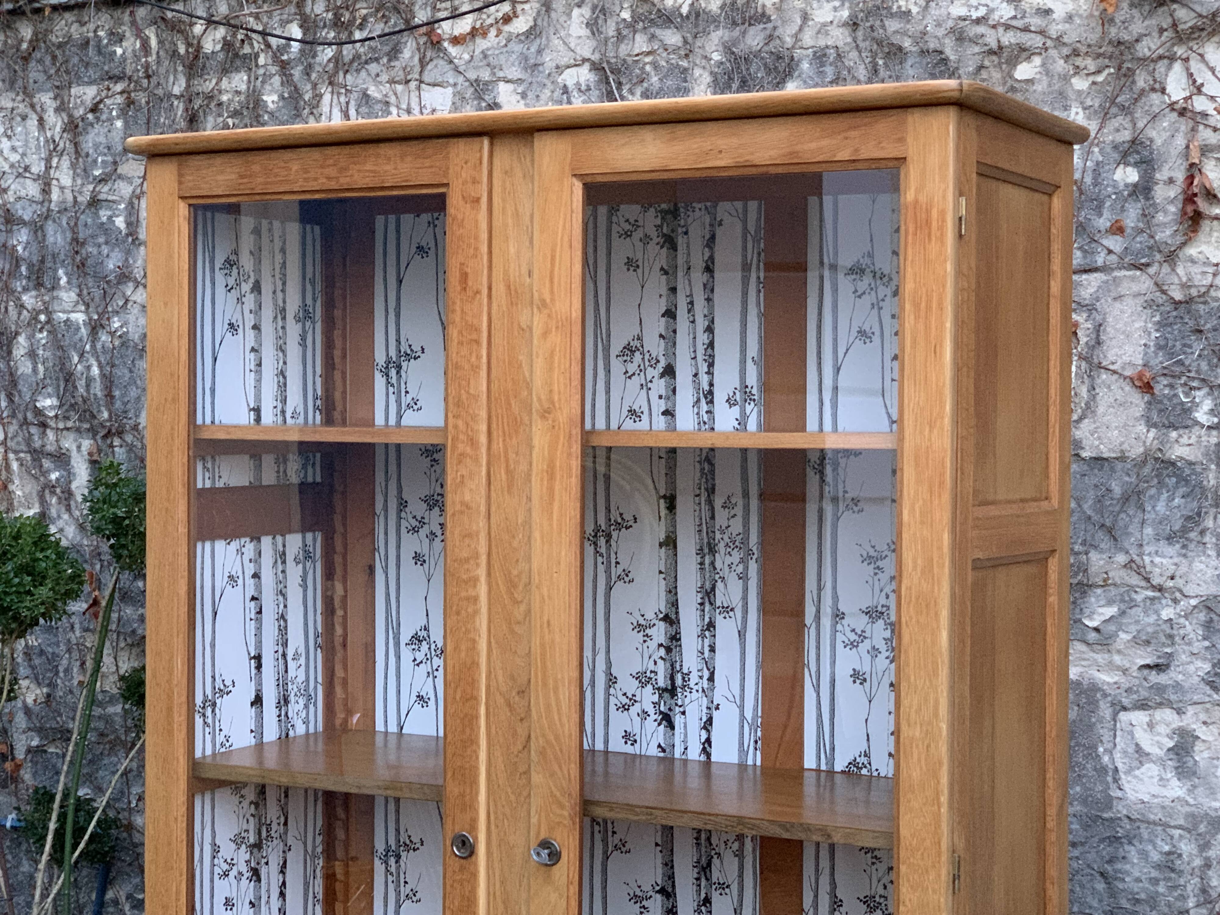 Solid raw oak school glass cabinet 1950