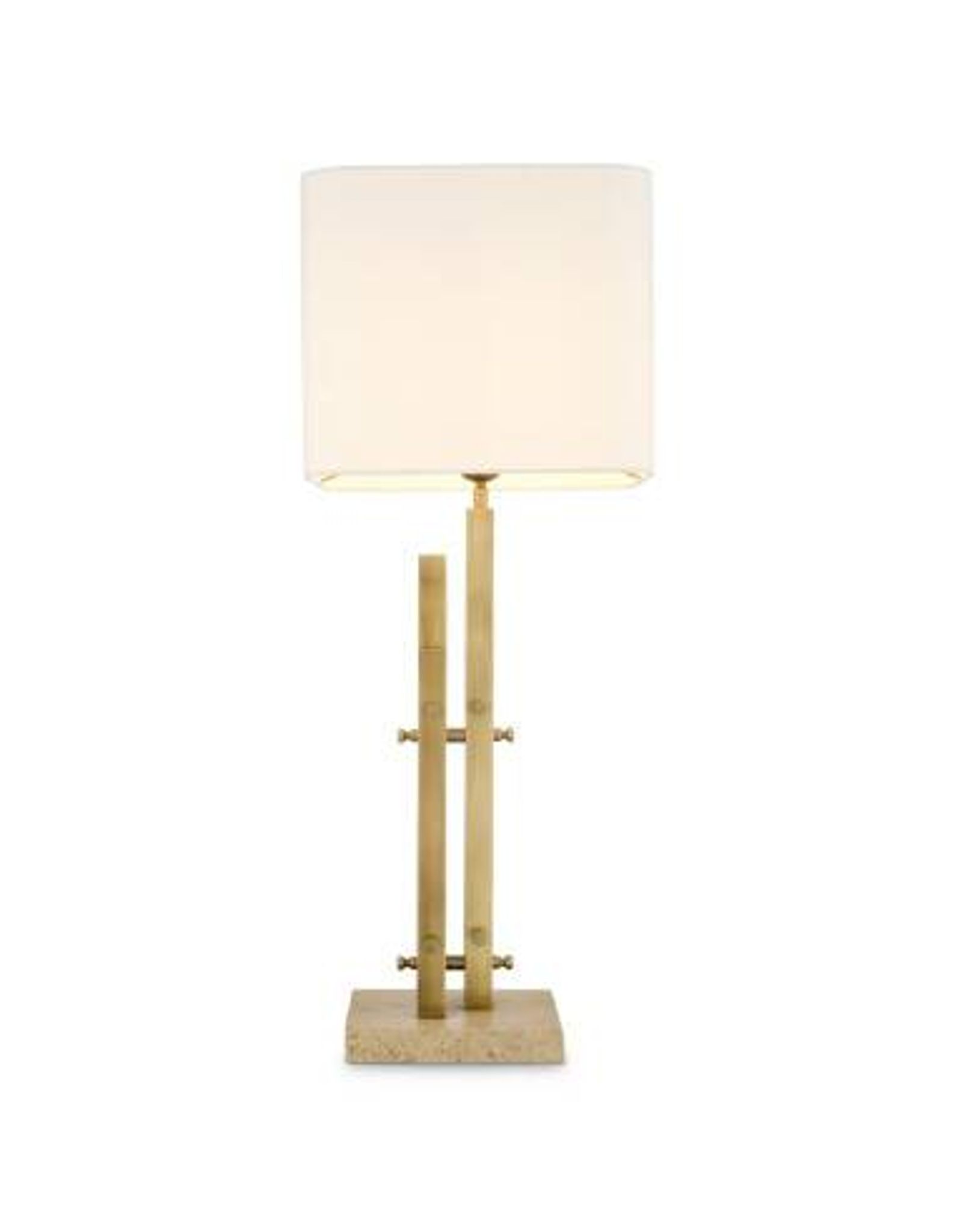 Paire de lampes de table modernes, finition laiton vintage, base en travertin.