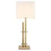 Paire de lampes de table modernes, finition laiton vintage, base en travertin.