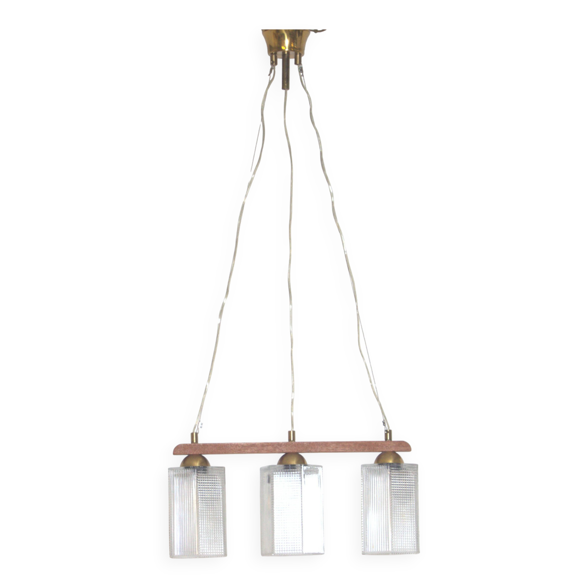 Teak, brass and glass pendant light, Denmark, 1970s