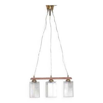 Teak, brass and glass pendant light, Denmark, 1970s