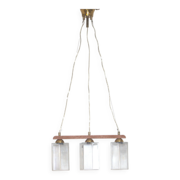 Teak, brass and glass pendant light, Denmark, 1970s