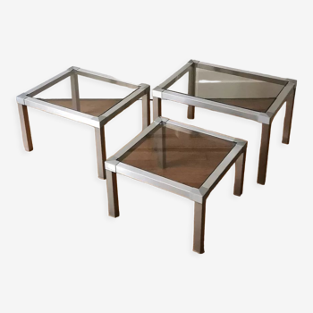 Set of 3 stainless steel nesting coffee tables, 1970