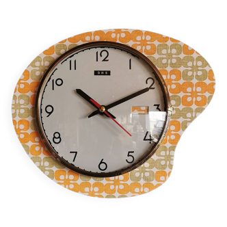 Vintage formica clock silent asymmetrical wall pendulum "DMS green orange"