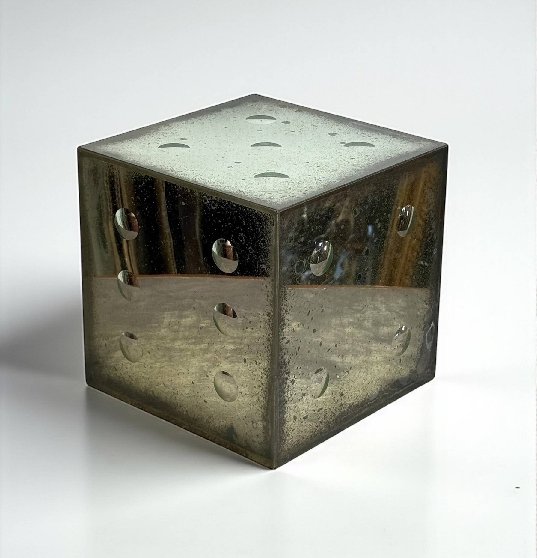 Large aged glass dice from the 70s with bubble shaped numbers