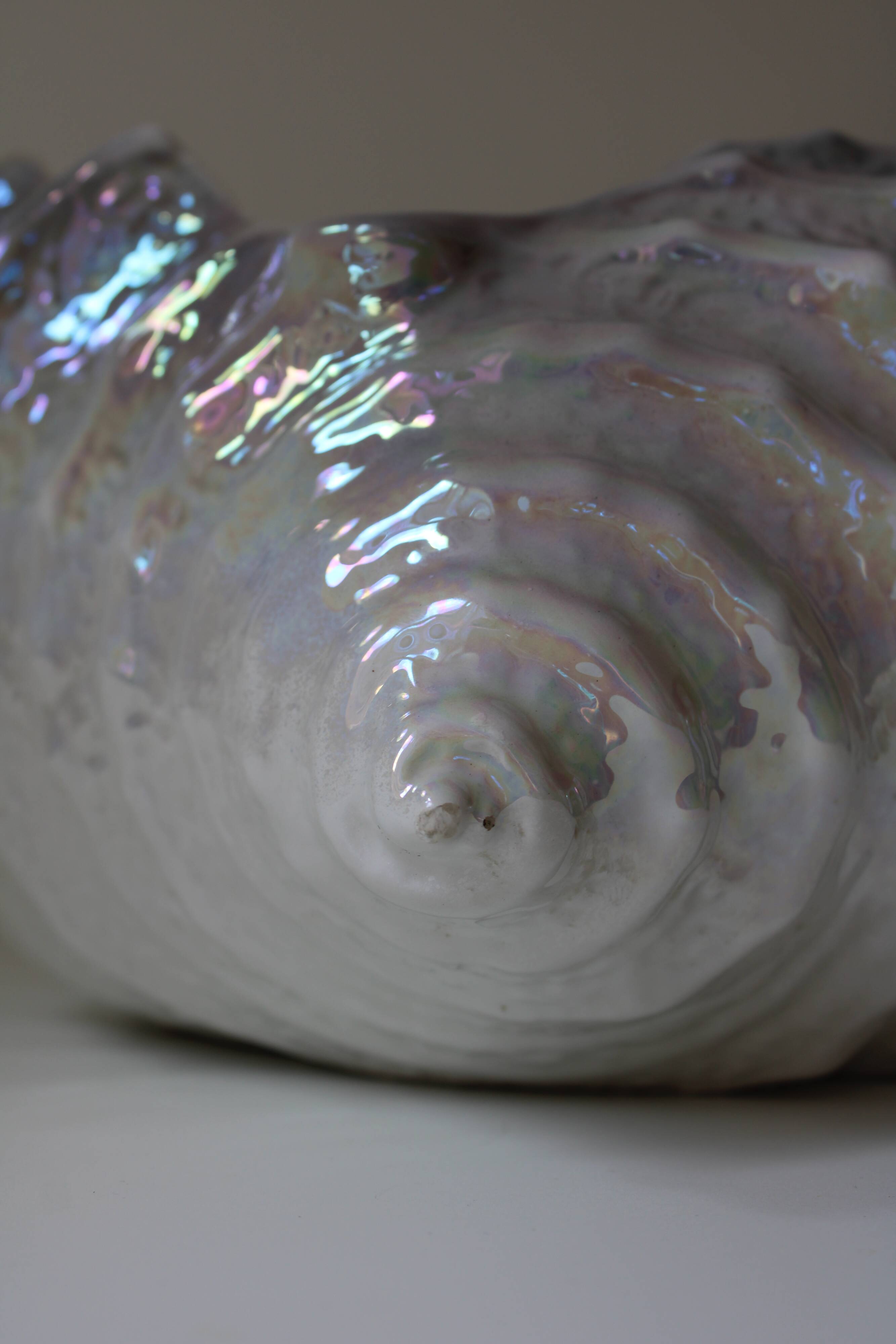 Large iridescent barbotine shell bowl, Italy vintage