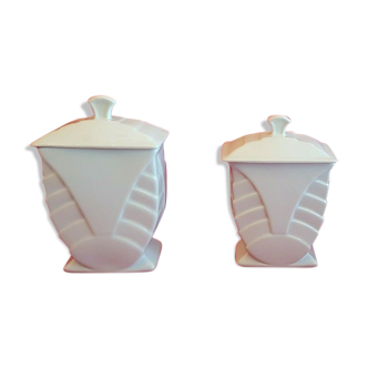 Lot of 2 porcelain jars for food condiments, coffee, sugar, Art Deco style