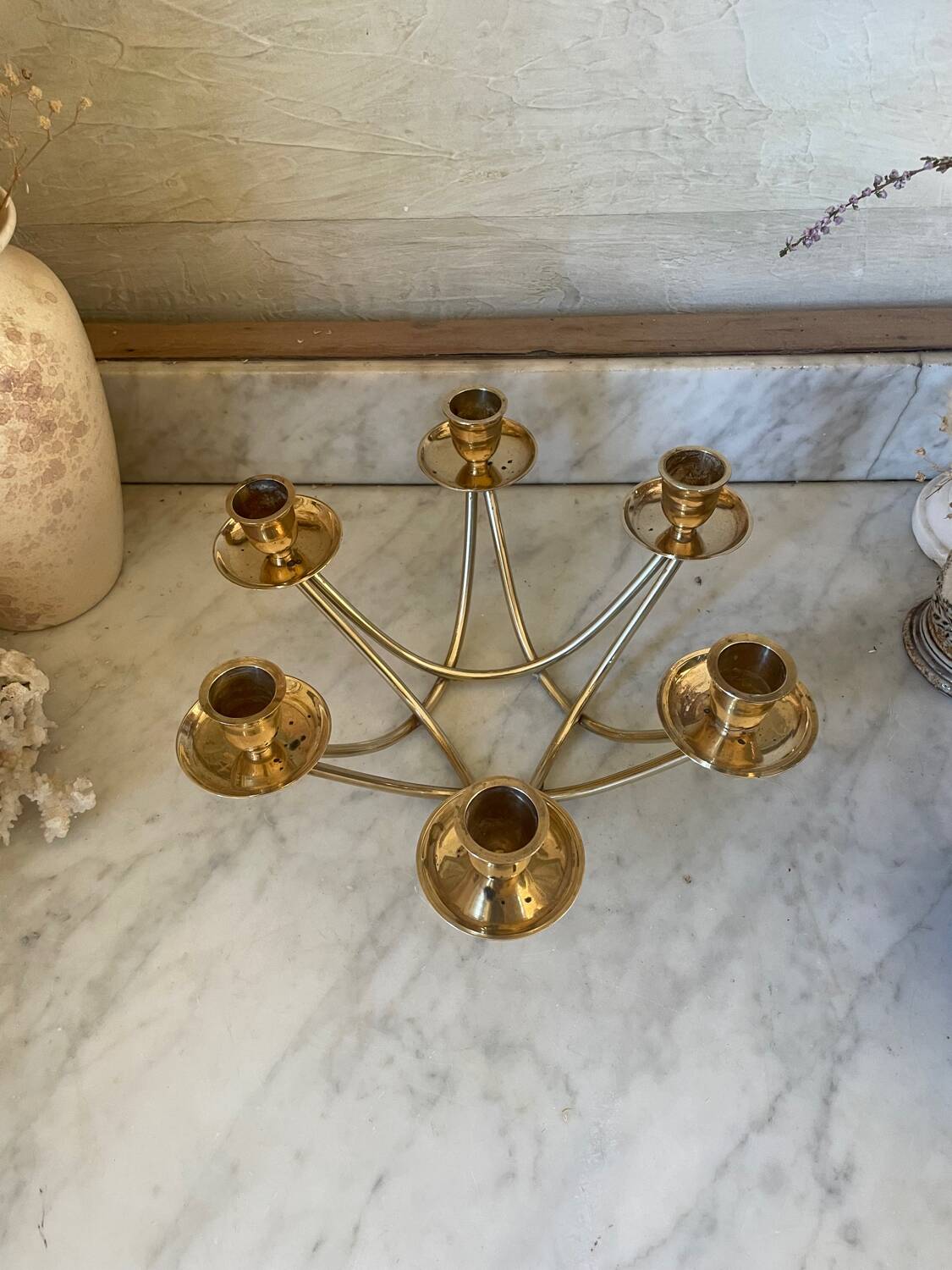 Low six-light brass chandelier circa 1950