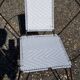 Vintage armchair in black metal and white plastic caning.