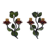 Pair of vintage Italian painted metal wall sconces with floral and foliage decoration. 1960s
