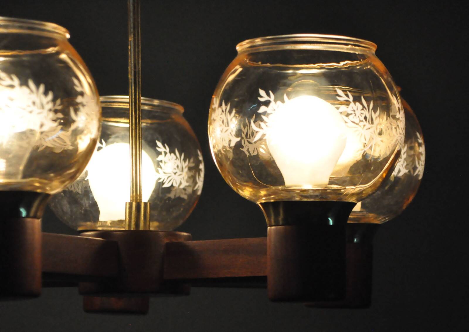 Scandinavian chandelier in mahogany wood and brass