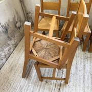 Set of 8 blond oak chairs with straw seats
