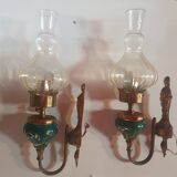 Pair of vintage wall lights in gold metal, green ceramic and glass globe