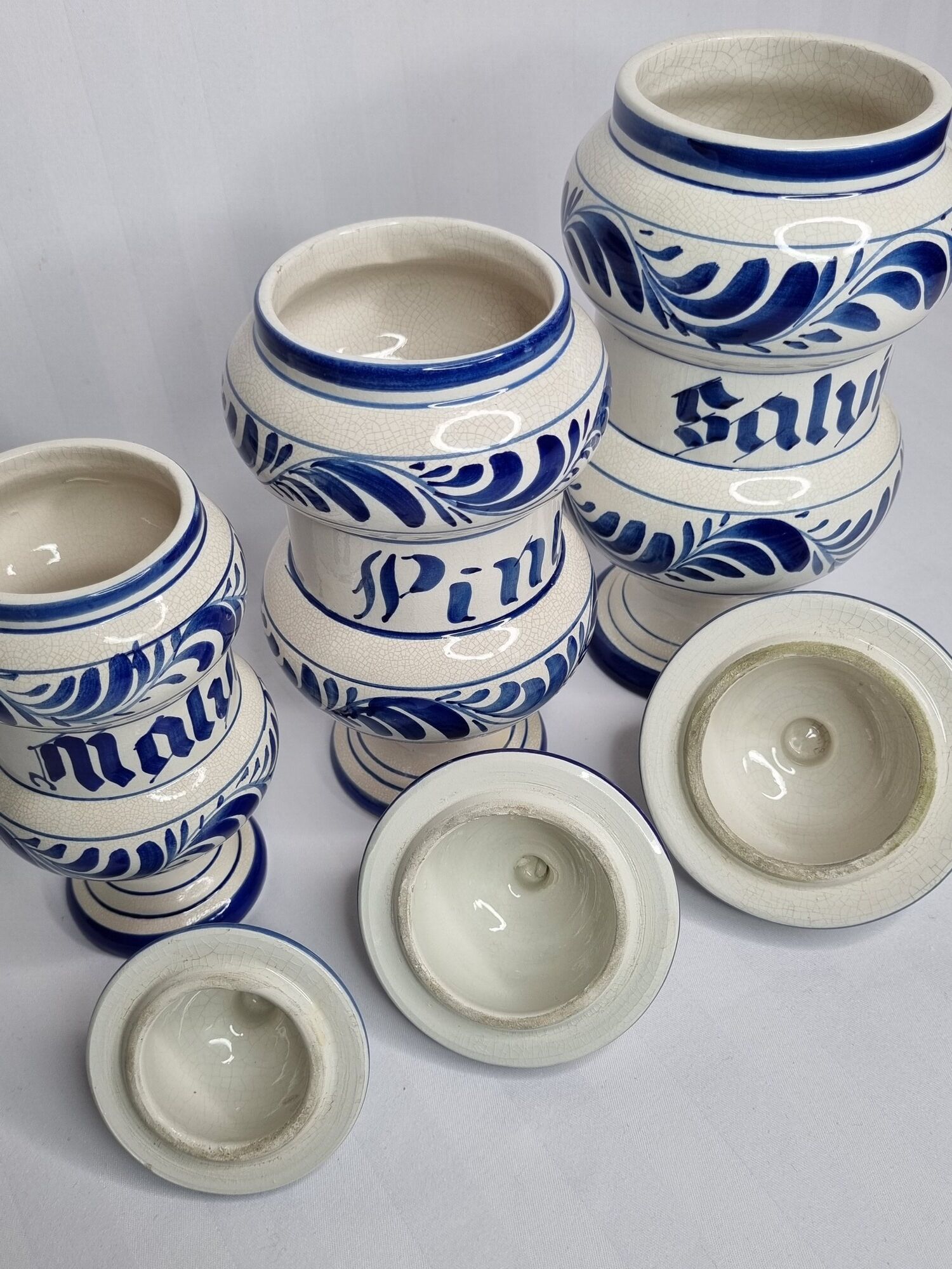 Set of three covered apothecary pots, Malva, Pinus, Salvia in glazed ceramic