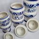 Set of three covered apothecary pots, Malva, Pinus, Salvia in glazed ceramic