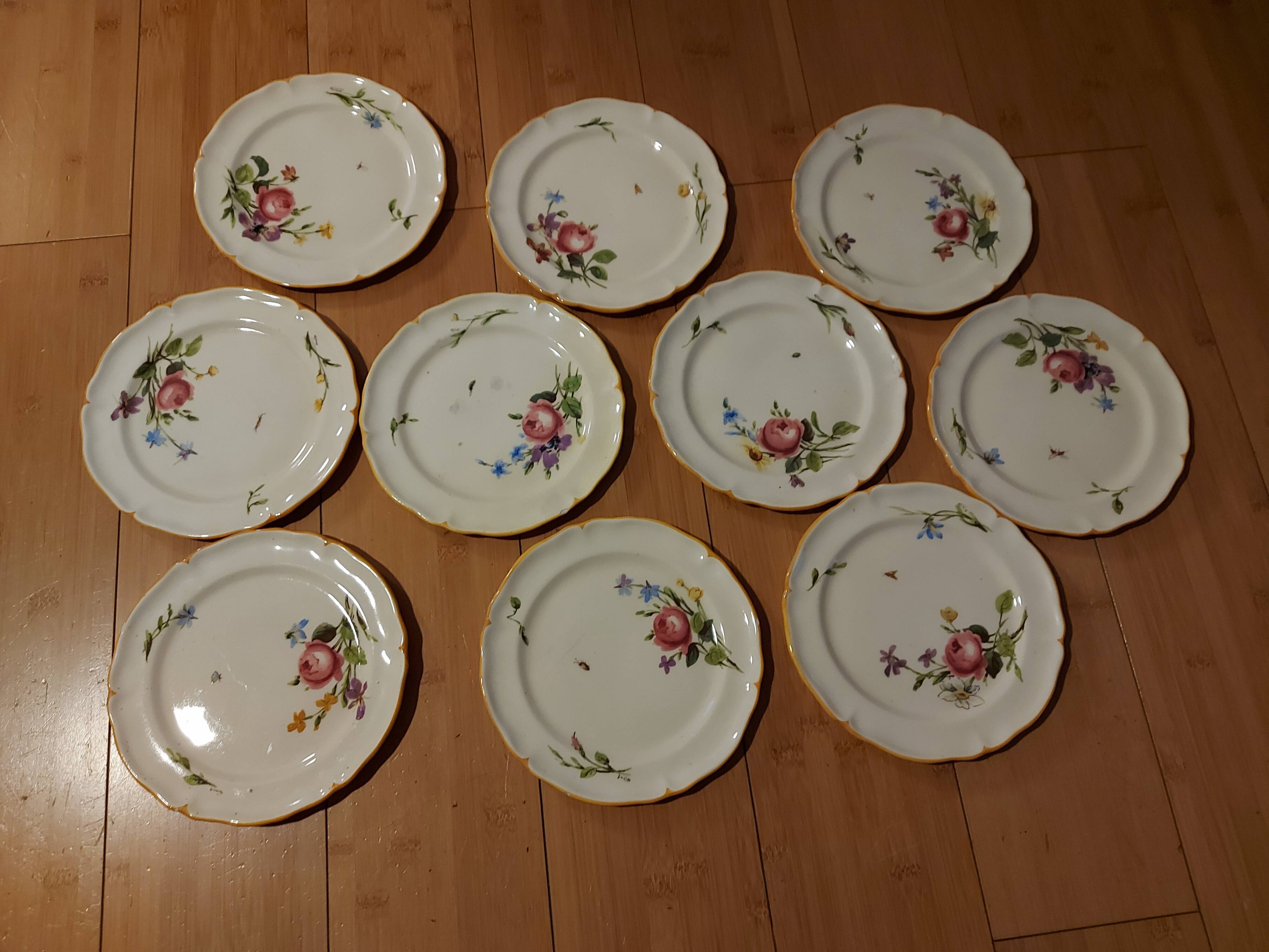 10 dessert plates painted decorated with flowers, insects (all different)