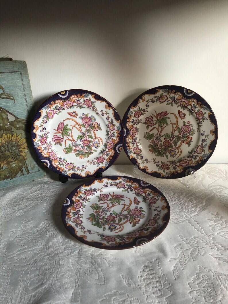 Antique Sarreguemines Dessert Plates: Hand-Painted Floral Ceramic, Set of 3