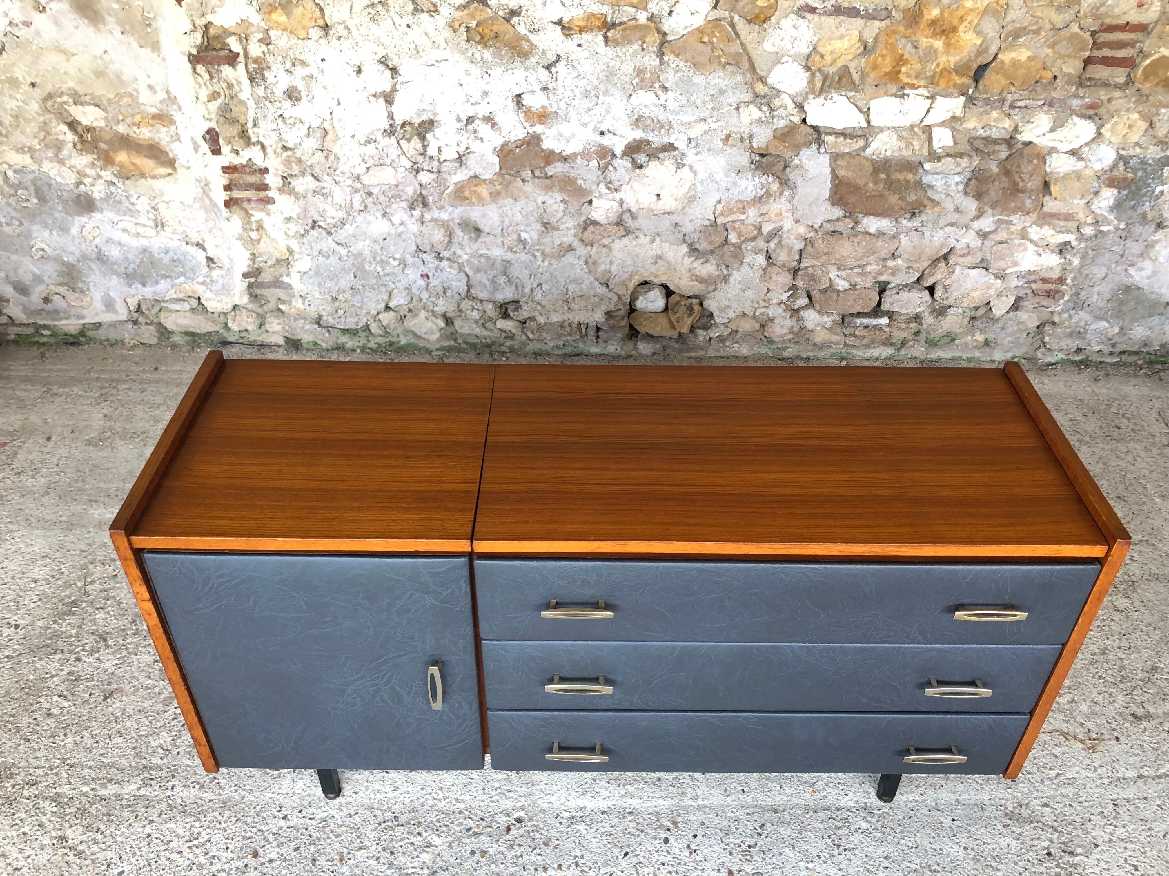 Vintage modular chest of drawers in teak and grey skaï, circa 60's