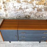 Vintage modular chest of drawers in teak and grey skaï, circa 60's