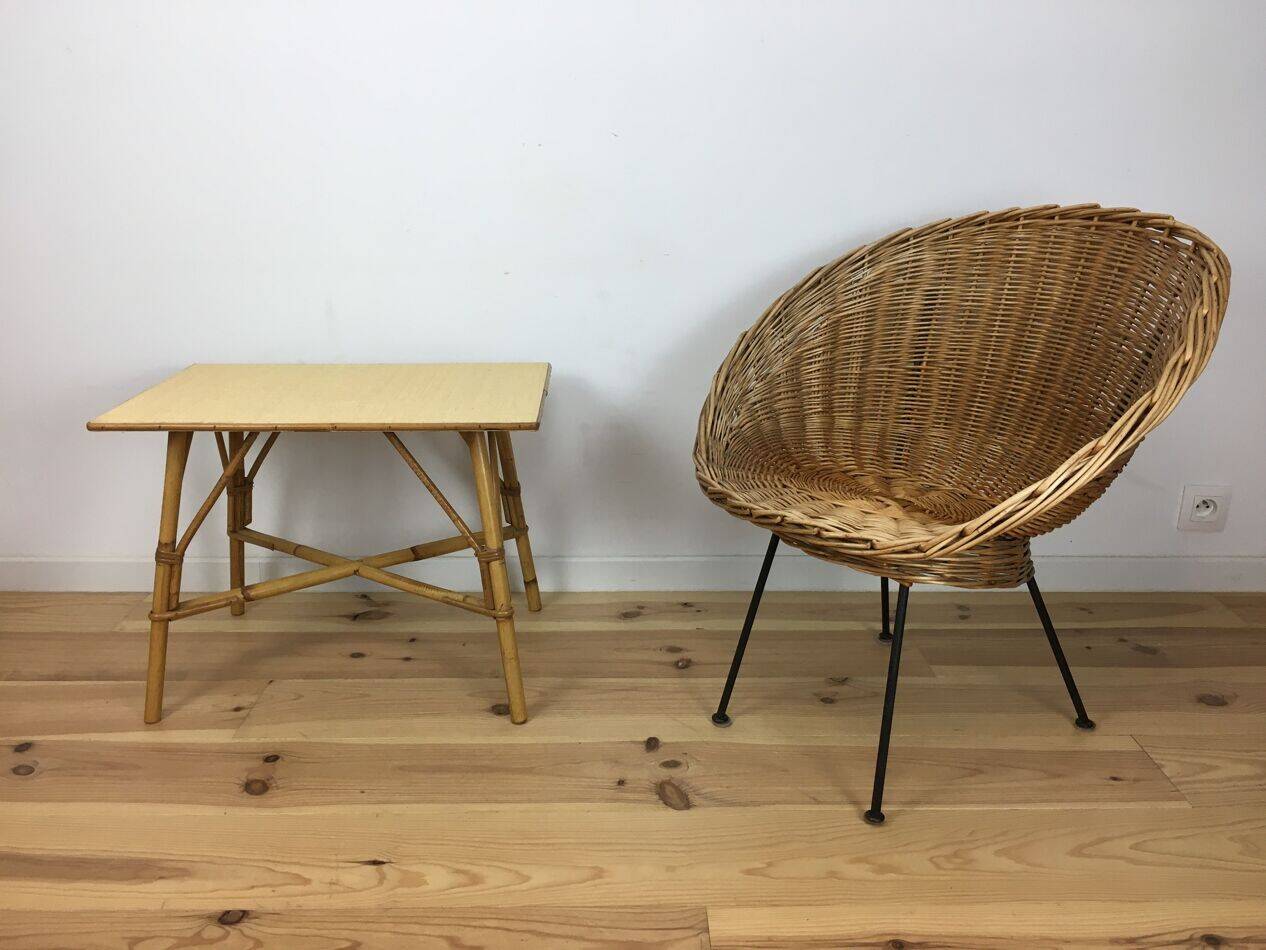 Table d'appoint en rotin vintage, années 60