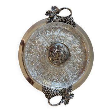 Plat de présentation Art Nouveau cristal taillé métal argenté pampres de vigne 1900