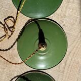 Trio of vintage green enamelled sheet metal lampshade pendants