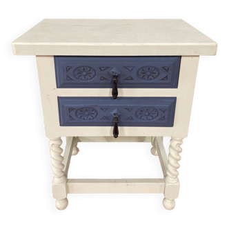 Blue painted wooden bedside table